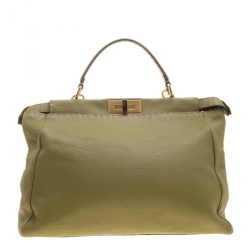 Pre Owned Fendi Green Selleria Leather Large Peekaboo Top Handle Bag