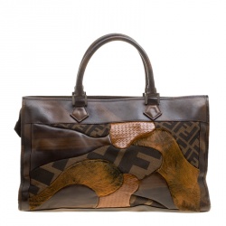 Pre Owned Fendi Brown Zucca Canvas and Leather Patchwork Tote
