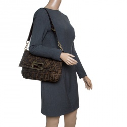 Pre Owned Fendi Tobacco Zucca Canvas Mia Flap Bag
