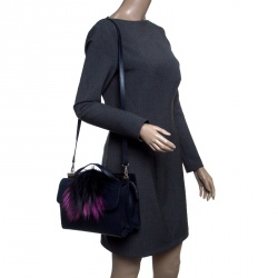 Pre Owned Fendi Navy Blue Textured Leather Small Demi Jour Fur Shoulder Bag