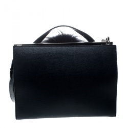 Pre Owned Fendi Navy Blue Textured Leather Small Demi Jour Fur Shoulder Bag