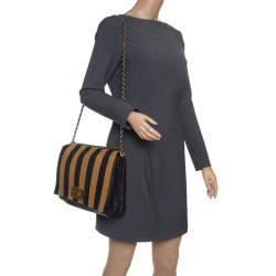 Pre Owned Fendi Black/Brown Croc Embossed Pequin Stripped Leather Large Claudia Shoulder Bag