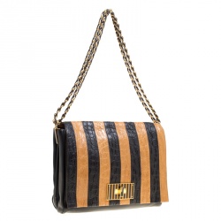 Pre Owned Fendi Black/Brown Croc Embossed Pequin Stripped Leather Large Claudia Shoulder Bag