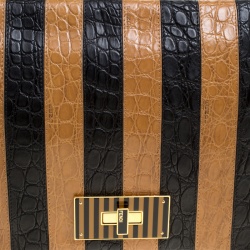 Pre Owned Fendi Black/Brown Croc Embossed Pequin Stripped Leather Large Claudia Shoulder Bag