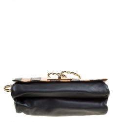 Pre Owned Fendi Black/Brown Croc Embossed Pequin Stripped Leather Large Claudia Shoulder Bag