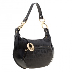 Pre Owned Fendi Black Zucchino Canvas Front Pocket Shoulder Bag