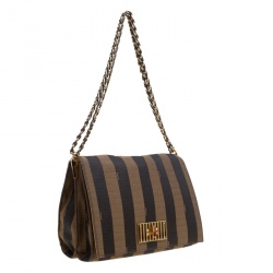 Pre Owned Fendi Tobacco Canvas Large Pequin Stripe Claudia Shoulder Bag