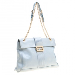 Pre Owned Fendi Tale Blue Leather Maxi Baguette Flap Shoulder Bag