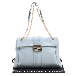 Pre Owned Fendi Tale Blue Leather Maxi Baguette Flap Shoulder Bag