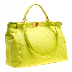Pre Owned Fendi Neon Green Ostrich Large Peekaboo Top Handle Bag