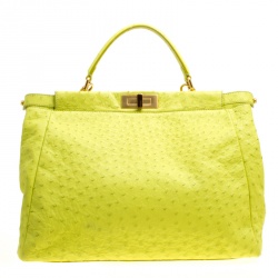 Pre Owned Fendi Neon Green Ostrich Large Peekaboo Top Handle Bag