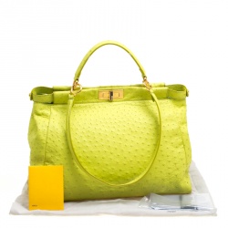 Pre Owned Fendi Neon Green Ostrich Large Peekaboo Top Handle Bag