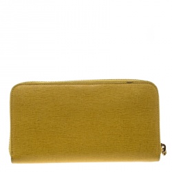 Pre Owned Fendi Yellow Leather Zip Around Wallet 