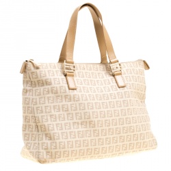 Pre Owned Fendi Beige/Brown Zucchino Canvas and Leather Zip Tote