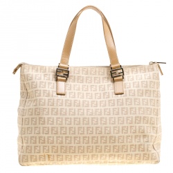 Pre Owned Fendi Beige/Brown Zucchino Canvas and Leather Zip Tote