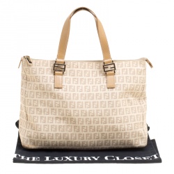 Pre Owned Fendi Beige/Brown Zucchino Canvas and Leather Zip Tote