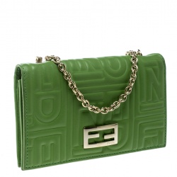 Pre Owned Fendi Green Embossed Leather Chain Wallet