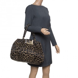 Pre Owned Fendi Black/Brown Leopard Print Canvas Large Mia Tote