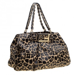 Pre Owned Fendi Black/Brown Leopard Print Canvas Large Mia Tote