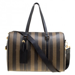 Pre Owned Fendi Black and Tobacco Striped Coated Canvas Spalmati Duffel Bag