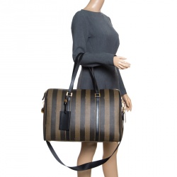Pre Owned Fendi Black and Tobacco Striped Coated Canvas Spalmati Duffel Bag