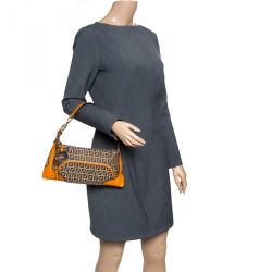 Pre Owned Fendi Beige/Orange Zucchino Canvas Shoulder Bag