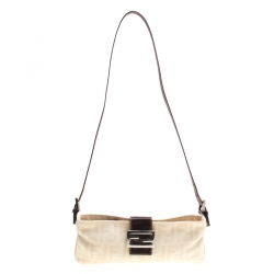 Pre Owned Fendi Off White/Brown Zucca Canvas and Leather Shoulder Bag