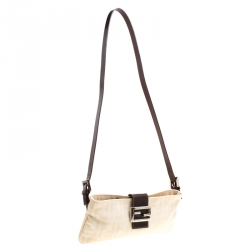Pre Owned Fendi Off White/Brown Zucca Canvas and Leather Shoulder Bag