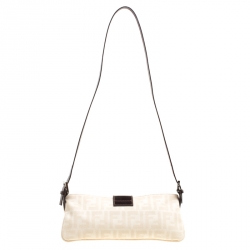 Pre Owned Fendi Off White/Brown Zucca Canvas and Leather Shoulder Bag