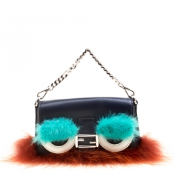 Fendi Blue Leather/Multicolor Fur Trim Micro Baguette Pouch