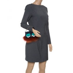 Fendi Blue Leather/Multicolor Fur Trim Micro Baguette Pouch