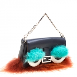 Fendi Blue Leather/Multicolor Fur Trim Micro Baguette Pouch