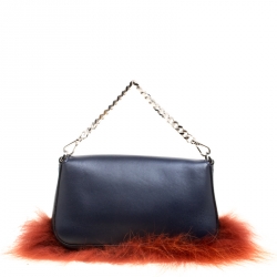 Fendi Blue Leather/Multicolor Fur Trim Micro Baguette Pouch