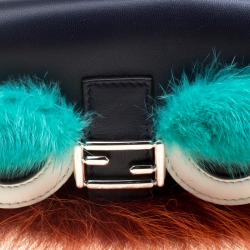 Fendi Blue Leather/Multicolor Fur Trim Micro Baguette Pouch