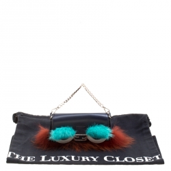 Fendi Blue Leather/Multicolor Fur Trim Micro Baguette Pouch