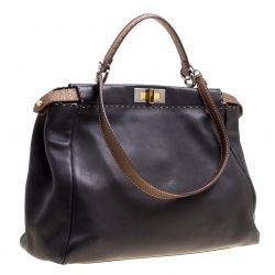 Pre Owned Fendi Black/Bronze Seleria Leather Large Peekaboo Top Handle Bag