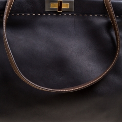 Pre Owned Fendi Black/Bronze Seleria Leather Large Peekaboo Top Handle Bag