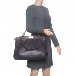 Pre Owned Fendi Black/Bronze Seleria Leather Large Peekaboo Top Handle Bag