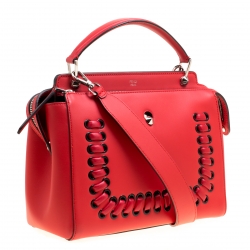 Pre Owned Fendi Red Leather Whipstitch Dotcom Top Handle Bag