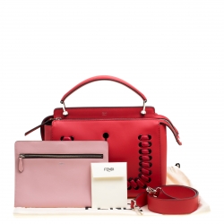 Pre Owned Fendi Red Leather Whipstitch Dotcom Top Handle Bag