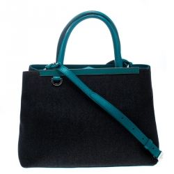 Pre Owned Fendi Blue/Green Denim and Leather Petite 2Jours Top Handle Bag
