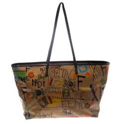 Pre Owned Fendi Brown/Multicolor Graffiti Print Coated Canvas Roll Tote