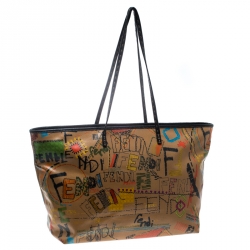 Pre Owned Fendi Brown/Multicolor Graffiti Print Coated Canvas Roll Tote