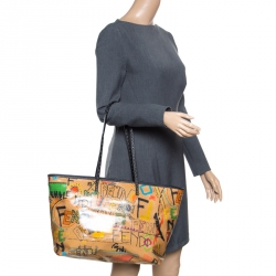 Pre Owned Fendi Brown/Multicolor Graffiti Print Coated Canvas Roll Tote