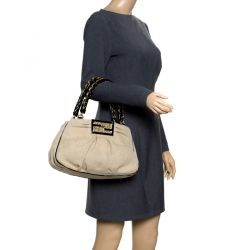 Pre Owned Fendi Beige/Black Jute and Patent Leather Small Mia Tote