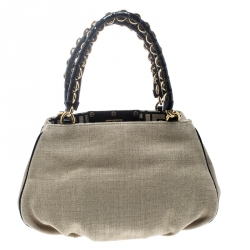Pre Owned Fendi Beige/Black Jute and Patent Leather Small Mia Tote