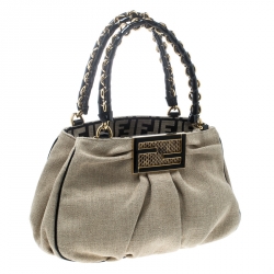 Pre Owned Fendi Beige/Black Jute and Patent Leather Small Mia Tote