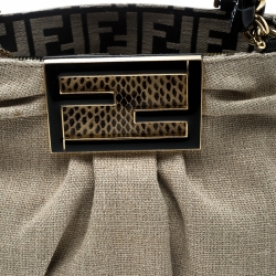 Pre Owned Fendi Beige/Black Jute and Patent Leather Small Mia Tote