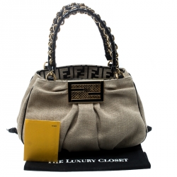Pre Owned Fendi Beige/Black Jute and Patent Leather Small Mia Tote