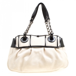 Pre Owned Fendi Beige/Black Canvas and Patent Leather B Shoulder Bag